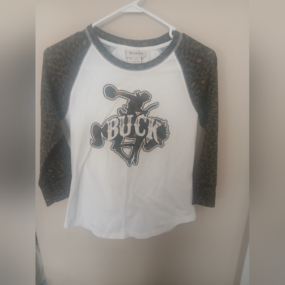 NWOT ARIAT CHEETAH PRINT 3/4 SLEEVE TEE (BULL RIDER "BUCK") SZ.SMALL